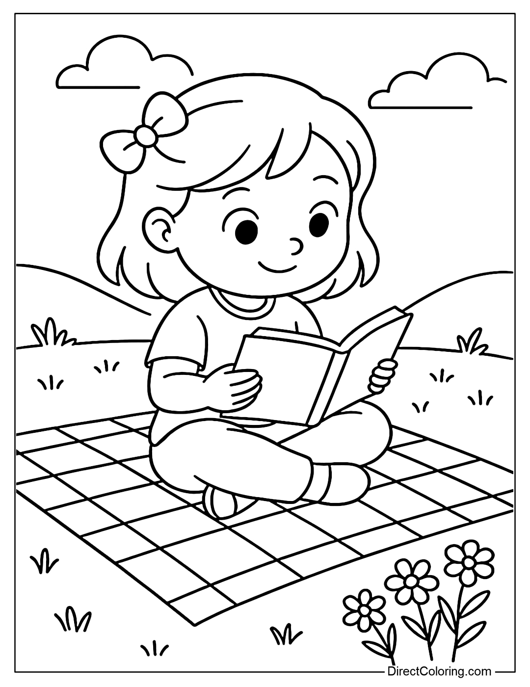 Coloring page of a girl sitting alone reading a book on a picnic rug next to wild flowers.